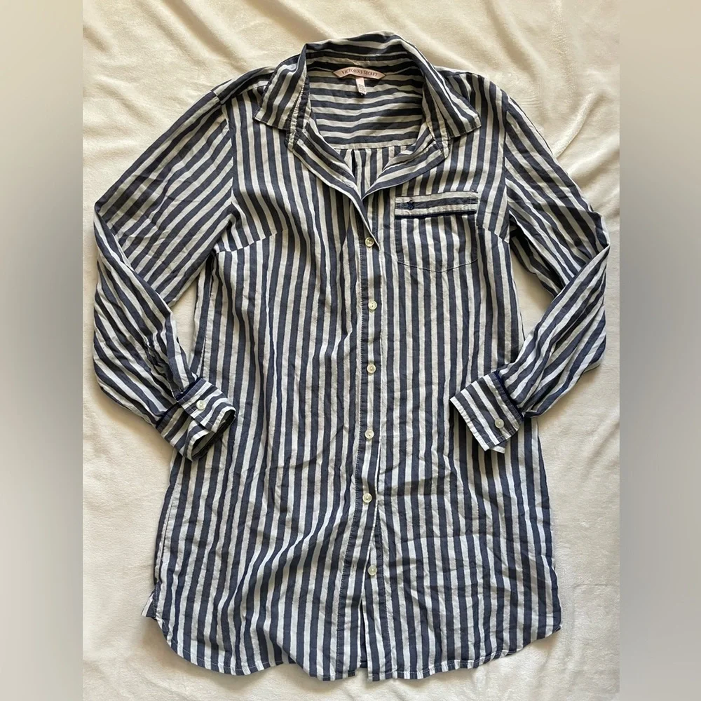 Victoria's Secret‎ Navy and White Sparkle Preppy Button Up Striped Pajama Dress